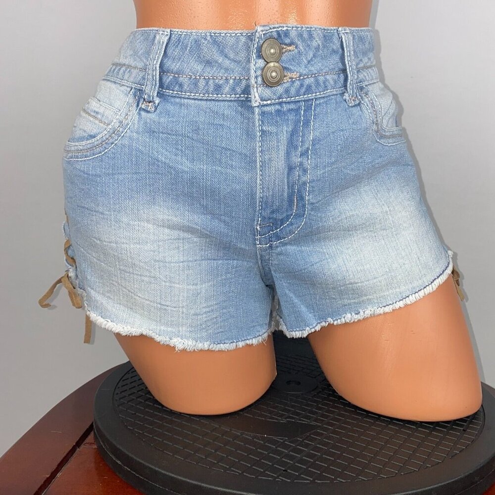Almost Famous Cutoff Jean Shorts Juniors 11 Light Wash Tie Sides Boho Festival